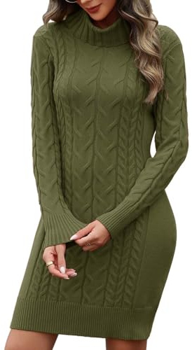 heekpek Vestido Punto Mujer Invierno Manga Larga Cuello Alto Vestidos de Mujer Elegantes Vestido Otoño Ajustado Vestidos Jersey, Verde Militar, M
