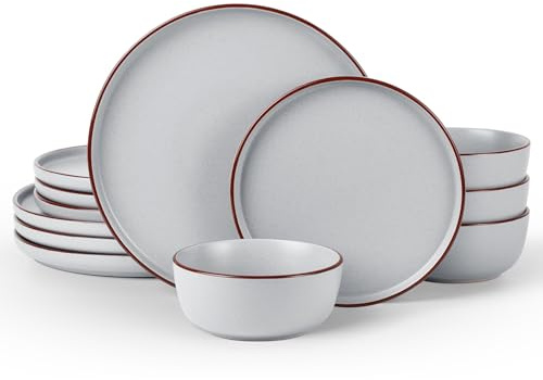 Richmount Mercury Plates and Bowls Sets, Speckled 12-Piece Plate Set, Stoneware Dinner Set for 4 with Dinner Plates, Dessert Plates, Cereal Bowls, Microwave & Dishwasher Safe, Light Grey