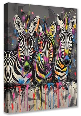Poster Prints Three Zebra 1P Tier Graffiti Leinwand Wandkunst Neon Moderne Bilder Kunstwerk für Wohnzimmer Badezimmer Heimdekoration gerahmt Galerie verpackt fertig zum Aufhängen