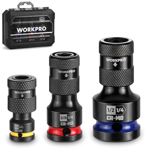 WORKPRO 1/2-inch, 3/8-inch, and 1/4-inch Quick Release Hex Impact Socket Adapter Set and Bit Holders for Ratchet Wrenches, Drivers, Drills - Made from Durable CR-MO Steel