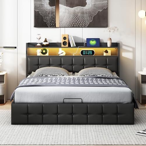 BRYXR Bett 140x200cm, Doppelbett mit LED-Beleuchtung, Hydraulischem Stauraum und USB-Ladefunktion, Modernes Polsterbett für Jugendliche in Schwarz PU, inklusive Lattenrost, ohne Matratze