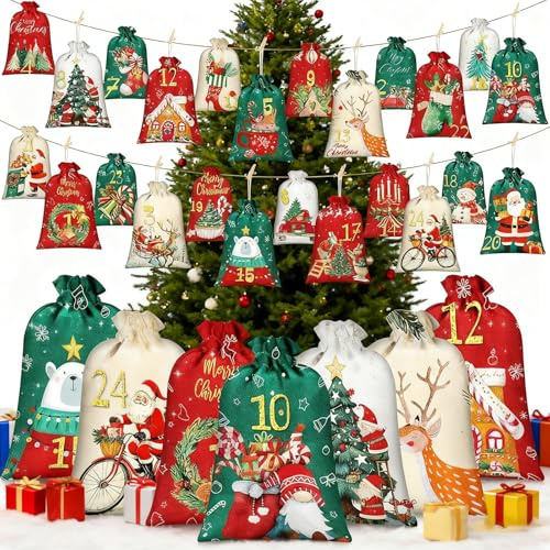 Adventskalender zum Befüllen 2026, 24 Stück Weihnachtskalender Säckchen aus Stoff mit 24 Holzclips & 39‘’ Juteschnur, DIY Adventskalender zum Selber Befüllen für Kinder & Erwachsene, Wiederverwendbar