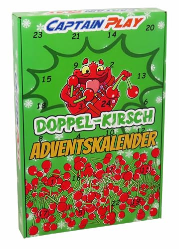 CAPTAIN PLAY Doppel-Kirsch Adventskalender, 24 Kirsch Lollis als Retro Süßigkeiten Geschenkidee im Weihnachtskalender mit 324g