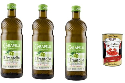 Carapelli Huile d’Olive Extra Vierge 3 x 1 L Format Familial – Huile EVO Italienne Pressée à Froid, Goût Fruitée pour Salades, Cuisson & Marinades + Italian Gourmet Polpa