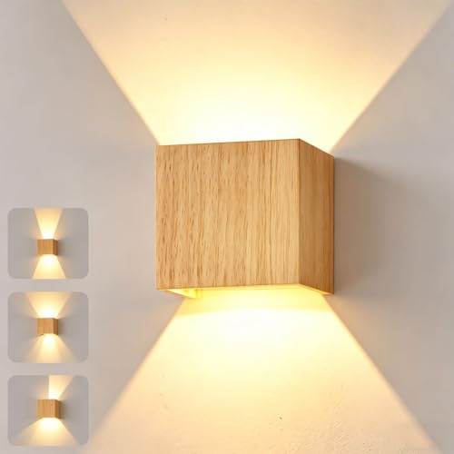 CHEVVY Aplique LED de Pared Interior 8W Madera, Blanco Cálido 3000K | Aplique Pared Vintage, Ángulo de Haz Ajustable Lampara LED Pared, Lampara Pequeña Cuadrada para Dormitorio Pasillo