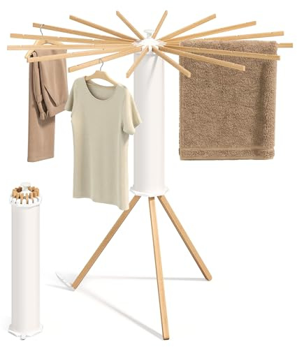 SONGMICS Tendedero Vertical, Plegable y Portátil, Ahorro de Espacio, Giratorio, Extensible, para Lavadero y Balcón, 16 Brazos de Madera, Natural LLR530YW01