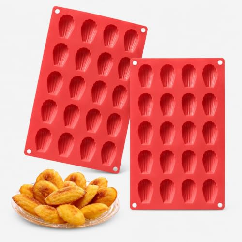 Cylocrya Stampo per Madeleines in silicone, 2 pezzi, 20 scomparti, mini conchiglie, rosso mattone, per biscotti, torte e cioccolato, resistente da -40 ℃ a 230 ℃