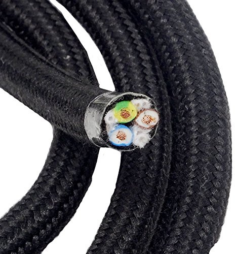 3m Hochwertiges Baumwoll-Kabel Schwarz 3x0,75 mm² 3G H03RT-H Strom-Kabel umsponnen