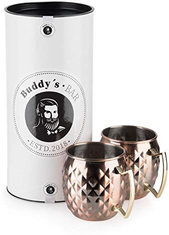 Buddy´s Bar - 2 Tazas de Mula de Moscú, 500 ml, Taza de Acero Inoxidable con Estructura de piña, Taza de cóctel Incl. Caja de Regalo, Juego de 2, Cobre Antiguo