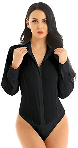 MSemis Camisa Manga Larga para Mujer Formal Cuello V de Oficina - Blusa Elegante de Negocios Body - Blanca/Negro - M