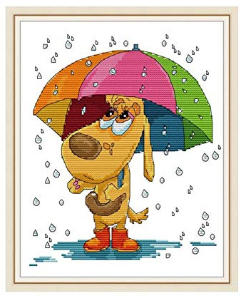 WOWDECOR Cross Stitch Embroidery Kits for Adults, Puppy Dog Animals Umbrella Funny 11CT Stamped DIY DMC Needlework Easy Beginners