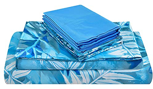 JSD Blue Tropical Leaves Print Queen Sheet Set Extra Deep Pocket
