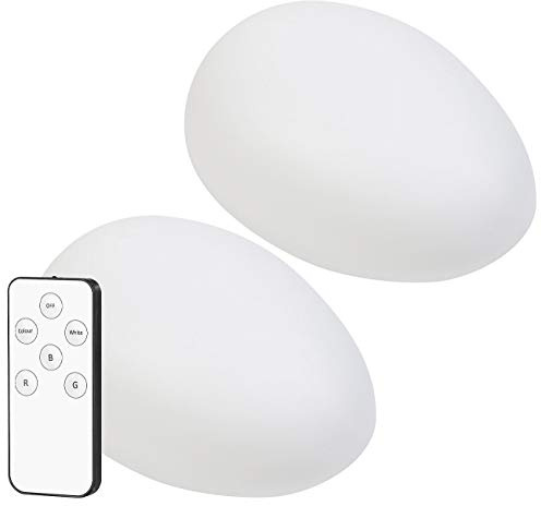 Lunartec LED-Solar-Bodenlampe: 2er-Set Solar-LED-Dekosteine mit Fernbedienung, RGB+W, IP44, 32 cm (Garten-Beleuchtung, Solarleuchten Balkon, groß)