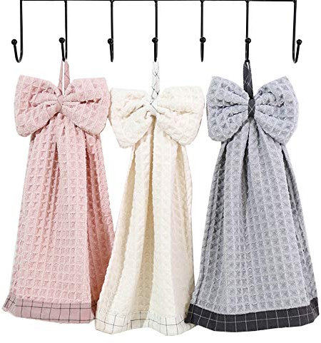 Eyands - Confezione da 3 asciugamani con fiocco a mano - Morbido panno per stoviglie con anello per appendere per cucina e bagno, asciugamano in microfibra in velluto corallo carino per bambini e