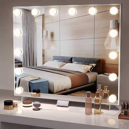 Dripex Hollywood Schminkspiegel mit Beleuchtung, Schminkspiegel mit Beleuchtung 60 x 52 cm mit 14 LED Lampen, 3 Farbmodi, Abnehmbare Basis, Leichter Aluminium Rahmen mit 10X Vergrößerung