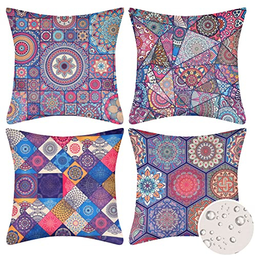 Set of 4 Cotton Linen Cushion Covers Waterproof 45x45 cm Boho Square Pillowcases Bohemian Mandala Floral Pattern Throw Pillow Cases Outdoor Decorative for Home Office Sofa Bedroom Car Garden,Purple