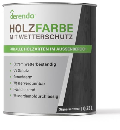 derendo Holzfarbe RAL 9004 außen wetterfest Wetterschutzfarbe Schwarz 750ml | Langzeitschutz, Holzlack Signalschwarz seidenglänzend , Holzschutzlasur hohe Deckkraft, Außenbereich