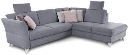 CAVADORE Ecksofa Trend / Skandinavische Eckcouch mit Federkern, Ottomane und 2 Kopfstützen / 252 x 86 x 213 / Chenille, Hellblau