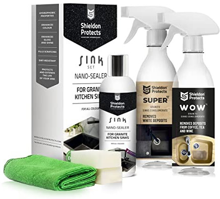 Shieldon Protects Cleaning and Restorer Set for Granite Composite Sink - Limescale remover + Stain Cleaner + Sealer - Kitchen Sink Cleaner Set with 2 Sponges and Cloth