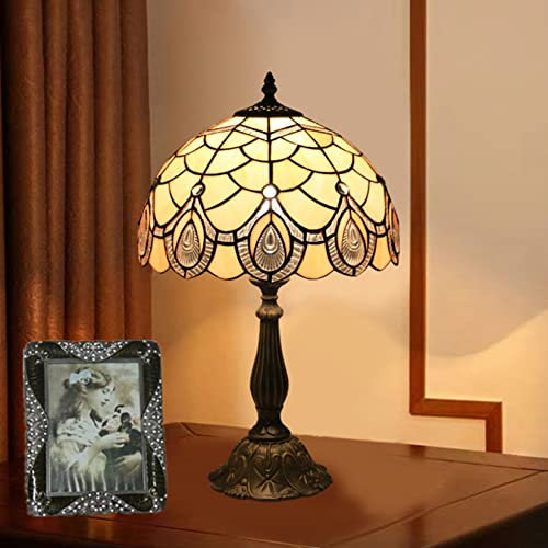 Tiffany Stil Mini Tischlampe, Buntglas Phoenix Schwanz Kristallperlen Schirm Schreibtisch Licht mit Legierung Lampensockel 1 Licht Tischleuchte für Schlafzimmer, Nachtseite, Büro, 12X19IN