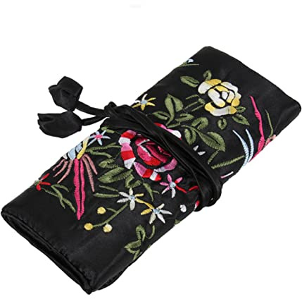 COLLBATH Rotolo Porta-gioielli Ricamato, Borsa Organizer in Seta e Raso, con 1 Tasca Grande e 3 Tasche con Cerniera, per Viaggio e Uso Quotidiano