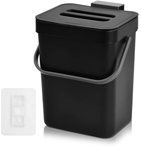 Kleiner Komposteimer für die Küche Biomülleimer aus Kunststoff 3L, Lebensmittelabfalleimer Hängender Kleiner Mülleimer für Arbeitsplatte mit Henkel & Deckel, 6.2 * 5.1 * 8cm (Schwarz)