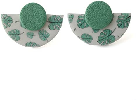 Green Stud Earrings for Women in Art Deco Style with Monstera Leaf Print, Clay Geometric Jewellery Gifts for Her Under 10