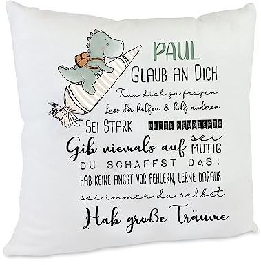 Kilala personalisiertes Kissen Geschenk zur Einschulung mit Namen des Erstklässlers Einschulungsgeschenk Jungen (Dino Schultüte Jungen)