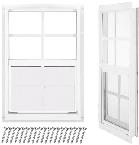 Tandefio 2 Pack 14''x21'' White Shed Window, Sliding Windows with Tempered Glass and Screen Household Windows with Slider and Screws for Shed, Garage, Chicken Coop, Playhouse, Household, Barns