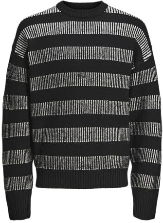 JACK&JONES Jcospace randig stickad crew neck Sn, Svart/ränder: vit, XL