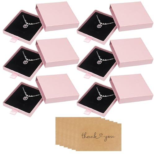 6 Stück 8× 8× 1,7 cm Keine Geschenkbox mit Karten Halskette Armband Schmuckschachtel mit Deckel, Geschenkschachtel für Ohrringe, Halskette, Armband(Rosa)