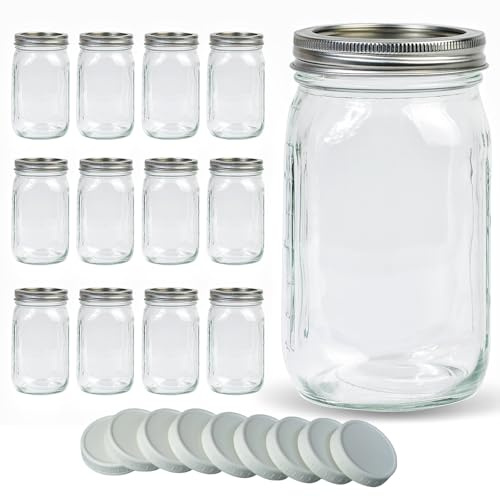 Jumterlee Wide Mouth Mason Jars 32 oz 12Pcs, Canning Jars with Airtight Lids and White Plastic Mason Jar Lids with Silicone Rings for Overnight Oats, Food Storage, Dry Food, Snacks, Candies and More