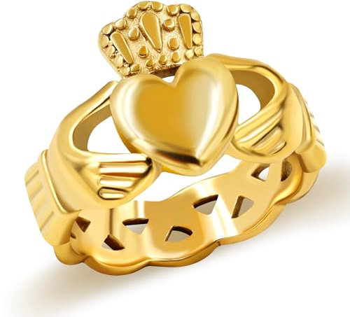 Uloveido Vergoldete Hand Herz irischer Claddagh-Ring Liebe Treue keltischer Knoten Ringe Edelstahl Eheringe, Size 7-Dia 17.3, Metall, Kein Edelstein