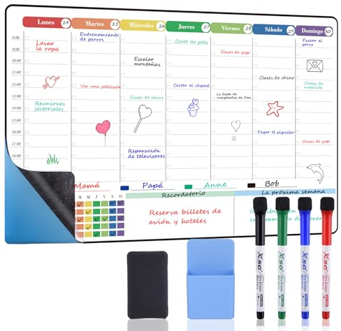 POPRUN Pizarra Blanca Adhesiva 42 x 28 cm, Planificador Semanal Pared, Weekly Planner Whiteboard Para Hogar, Cocina, Oficina y Estudio - Versión en Español