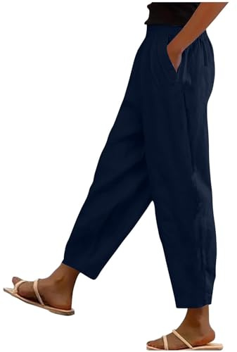 RLEHJN Cotton Linen Trouser Women UK Sale Clearance Solid Color Elasticated Waist Trousers Ladies Summer Lounge Pants Plain Loose Fit Full Length Pants Casual Straight Leg Bottoms with Pockets