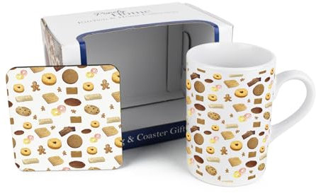 Purely Home British Biscuits Mug & Coaster Gift Set - Novelty Gifts for Foodies - Tea/Coffee Ceramic Mug & Cork Coaster Set