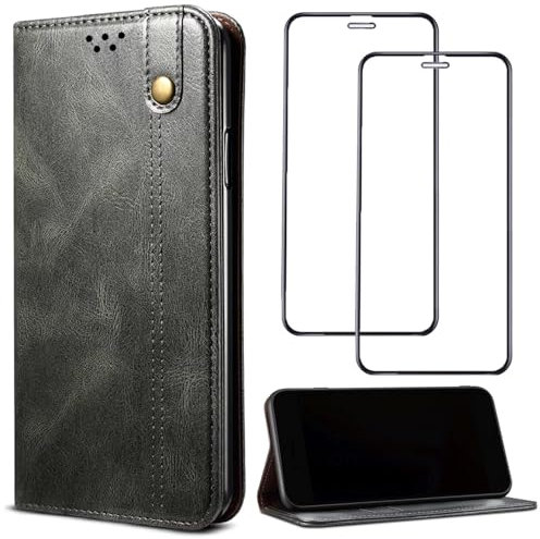 Czhwsm Compatible con Funda Moto E40 Plegable Funda con Ranura para Tarjeta de crédito y Atril, a Prueba De Golpes Cierre magnético Protectora Caso+2X Cristal Templado-Verde