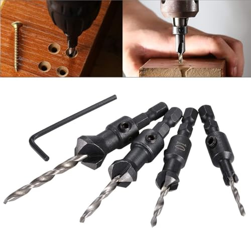 Set di Punte da Trapano per Svasare, HOHXEN 4PZ di Punte Svasate Coniche con Chiave Esagonale,Utensili per la Lavorazione del Legno con Gambo Esagonale da 2,5mm,per Viti di Dimensioni #6,#10,#13,#16