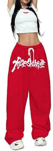PKIMKM Pantalon de danse hip-hop jazz taille haute coupe droite ample jambe large cordon de serrage, Rouge, S