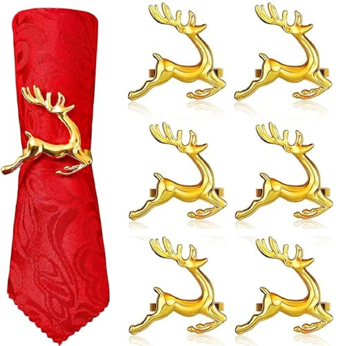 Hirsch Serviettenringe,6 Stück Weihnachten Serviettenhalter Ring,Legierung Gold Elch Rentier Serviettenschnalle für Tischdekoration Hochzeit Bankett Party Abendessen Thanksgiving (Gold A, One Size)