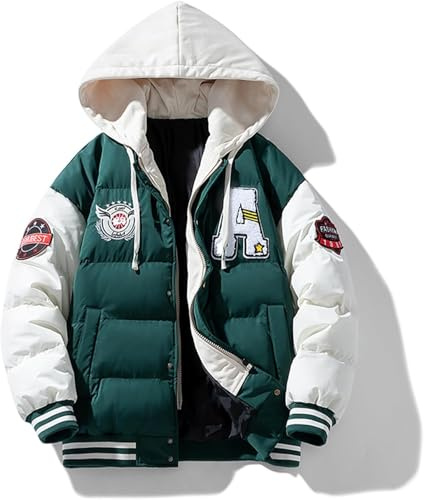 Herren Winter Hip Hop Mode Varsity Hooded Down Patchwork Fake Baseball Jacke Brief Bestickt Baseball Jacke Fake Zweiteilige Kapuzenjacke (Grün,XXL)