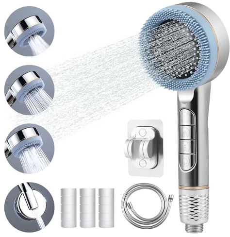 High Pressure Shower Heads, Filter Shower Head with Shower Stand and 1.5M Shower Hose, 4 Spray Mode Handheld Pressurized Head with Pause Switch, Water-Saving Massage Shower Head