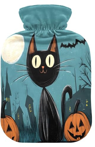 Wärmflasche, 1 l, kleiner Wärmbeutel mit weichem Plüsch-Wärmbezug, Cartoon-Katze, Halloween-Kürbis, auslaufsicherer Schraubverschluss, ideal für Wintersport, Outdoor, Rücken, Nacken und Bein, kalte