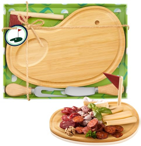 Ziliny Golf-Charcuterie-Brett, Geschenkset, Preis, 24,9 x 19,6 cm, Bambusfarbe | Kleines Käsebrett mit Messern, Gabeln und Box für Geburtstagsspiel, Partygeschenk