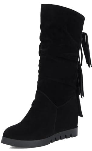 Gicoiz Mujer Punta Rojoonda Retro Knee High Tacón de Cuña Ruched Botas de Flecos Comodo Sin Cordones Invierno Cuña Interior Plataforma Romano Botas Casual Negro Talla 36 EU