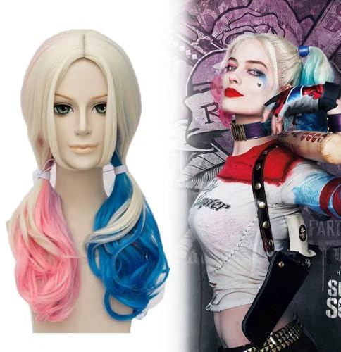 Harley Quinn Perücke 4 Set,Rosa blaue Kostüm Perücke Suicide Squad,Filmheldin Cosplay Perücke mit Weiß choker leder, Kostüm Perücke für Damen Halloween Karneval Mottopartys Verkleidung