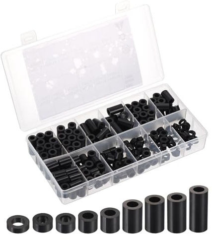 PATIKIL 180 Stück M6 ABS Abstandshalter Sortiment Kit, Rund Kunststoff Distanzhülsen Ohne Gewinde Säulen Unterlegscheiben Sortiment Kit mit Kunststoffbox, Schwarz
