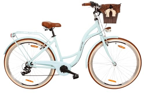 Goetze Mood 28 Zoll Damen Citybike, Aluminium Tiefeinsteiger 18 Zoll, Shimano Tourney 7-Gang Schaltung, LED-Beleuchtung, Rattankorb, Gepäckträger, Komfortsattel