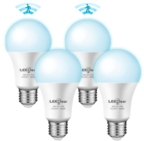 ILEEDear LED Glühbirne E27 mit 5,8 GHz Radar-Bewegungsmelder, 11W Kaltweiß 6500K – für Terrasse, Garten, Eingang & Flur (4er Set). Primär für den Außenbereich empfohlen.