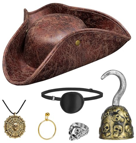 Tanganan Piratenhut Kostüm Set, 6 pcs Halloween Piratenkostümhut Piratenkostüm mit Totenkopfkopfring, Halskette, Haken, Ohrringen, Augenklappe, Leder, braune Hüte für Männer Frauen